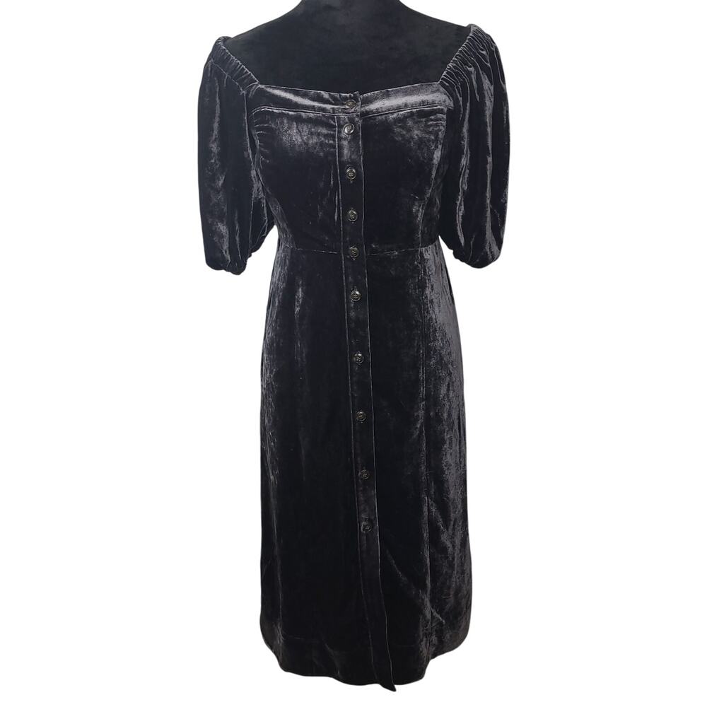 J Crew Puff Sleeve Button-Up Velvet Dress Sz 4 Black Whimsigoth Witchy NWT $198